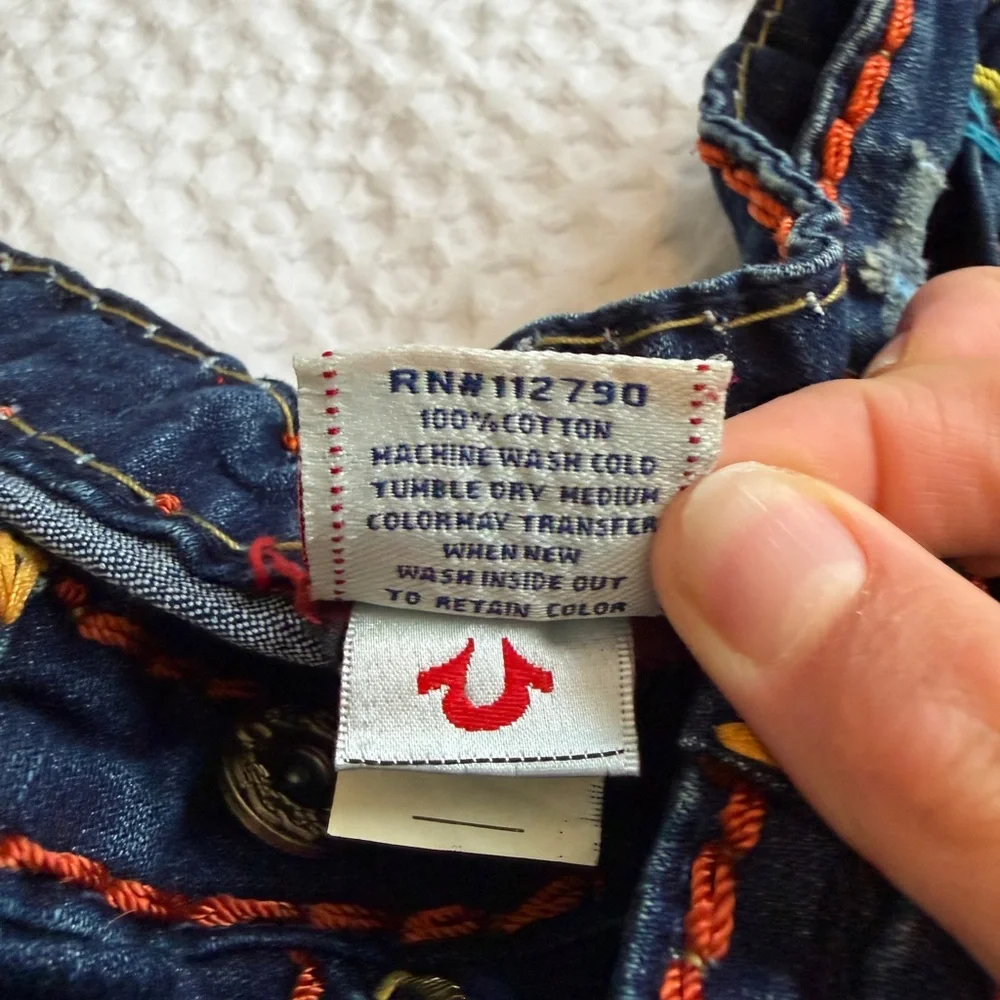 True Religion Dark Blue Yellow & Orange Embroidered Jeans - Picture 6 of 7